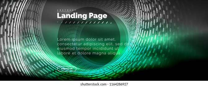 Neon glowing techno lines, hi-tech futuristic abstract background template with circles, landing page template. Vector illustration