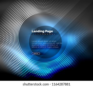 Neon glowing techno lines, hi-tech futuristic abstract background template with circles, landing page template. Vector illustration