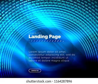 Neon glowing techno lines, hi-tech futuristic abstract background template with circles, landing page template. Vector illustration