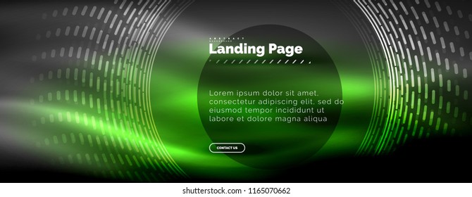 Neon glowing techno lines, hi-tech futuristic abstract background template with circles, landing page template. Vector illustration