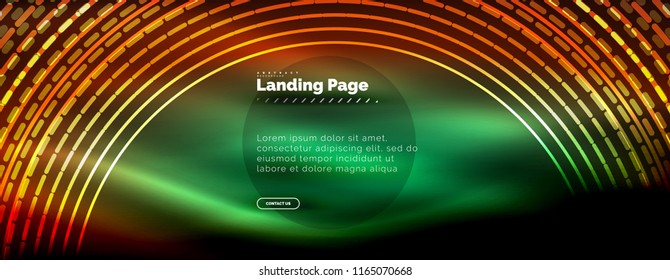 Líneas tecno brillantes neón, plantilla de fondo abstracto de alta tecnología futurista con círculos, plantilla de página de aterrizaje. Ilustración del vector