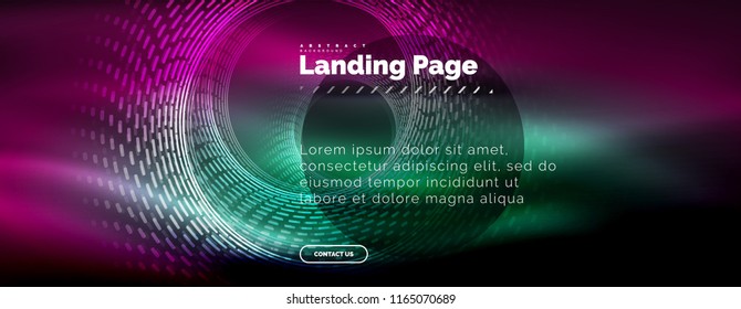 Neon glowing techno lines, hi-tech futuristic abstract background template with circles, landing page template. Vector illustration
