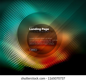 Neon glowing techno lines, hi-tech futuristic abstract background template with circles, landing page template. Vector illustration