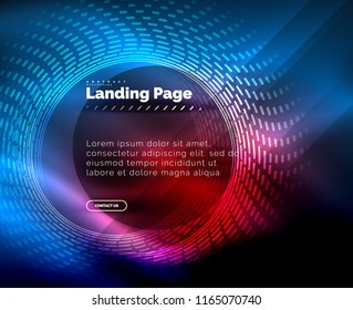Neon glowing techno lines, hi-tech futuristic abstract background template with circles, landing page template. Vector illustration