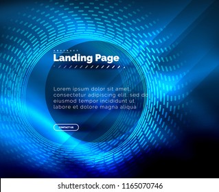 Neon glowing techno lines, hi-tech futuristic abstract background template with circles, landing page template. Vector illustration