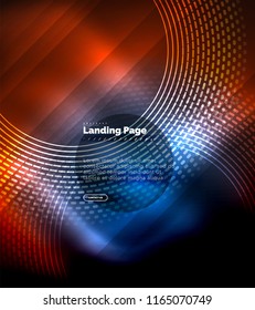Neon leuchtende Techno-Linien, High-Tech-futuristische abstrakte Hintergrund-Vorlage mit Kreisen, Landing Page Template. Vektorgrafik