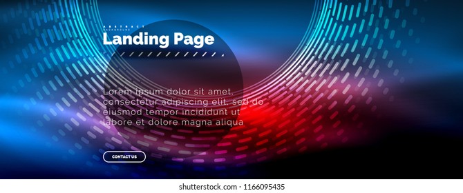 Neon leuchtende Techno-Linien, High-Tech-futuristische abstrakte Hintergrund-Vorlage mit Kreisen, Landing Page Template. Vektorgrafik