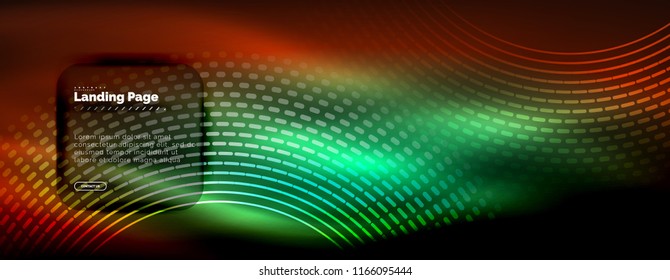 Neon glowing techno lines, hi-tech futuristic abstract background template with circles, landing page template. Vector illustration