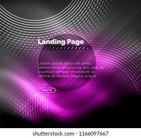 Líneas tecno brillantes neón, plantilla de fondo abstracto de alta tecnología futurista con círculos, plantilla de página de aterrizaje. Ilustración del vector