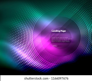 Neon glowing techno lines, hi-tech futuristic abstract background template with circles, landing page template. Vector illustration