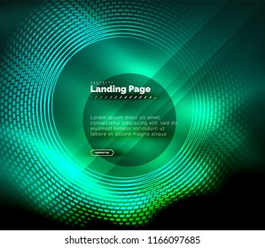 Neon glowing techno lines, hi-tech futuristic abstract background template with circles, landing page template. Vector illustration