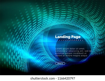 Neon glowing techno lines, hi-tech futuristic abstract background template with circles, landing page template. Vector illustration