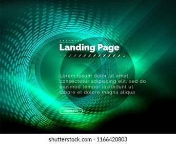 Neon glowing techno lines, hi-tech futuristic abstract background template with circles, landing page template. Vector illustration