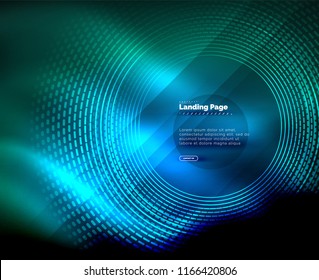 Neon leuchtende Techno-Linien, High-Tech-futuristische abstrakte Hintergrund-Vorlage mit Kreisen, Landing Page Template. Vektorgrafik