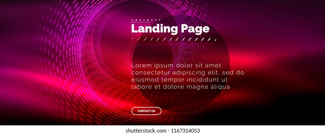 Neon glowing techno lines, hi-tech futuristic abstract background template with circles, landing page template. Vector illustration