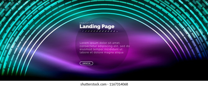Líneas tecno brillantes neón, plantilla de fondo abstracto de alta tecnología futurista con círculos, plantilla de página de aterrizaje. Ilustración del vector