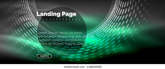 Neon glowing techno lines, hi-tech futuristic abstract background template with circles, landing page template. Vector illustration