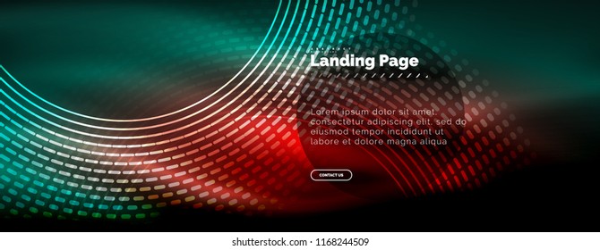 Neon leuchtende Techno-Linien, High-Tech-futuristische abstrakte Hintergrund-Vorlage mit Kreisen, Landing Page Template. Vektorgrafik