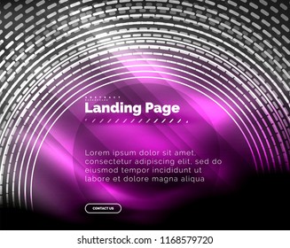 Neon glowing techno lines, hi-tech futuristic abstract background template with circles, landing page template. Vector illustration