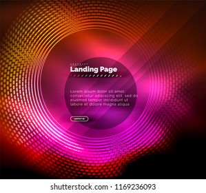 Neon glowing techno lines, hi-tech futuristic abstract background template with circles, landing page template. Vector illustration