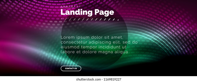 Neon glowing techno lines, hi-tech futuristic abstract background template with circles, landing page template. Vector illustration