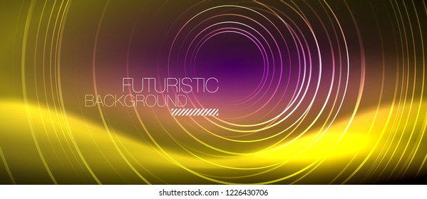 Líneas tecno brillantes neón, plantilla de fondo abstracto de alta tecnología futurista con formas cuadradas, vector