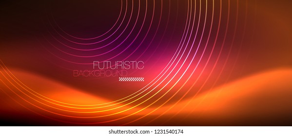 Neon glowing techno lines, hi-tech futuristic abstract background template with square shapes, vector