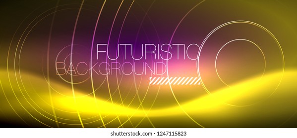 Líneas tecno brillantes neón, plantilla de fondo abstracto de alta tecnología futurista con formas cuadradas, vector
