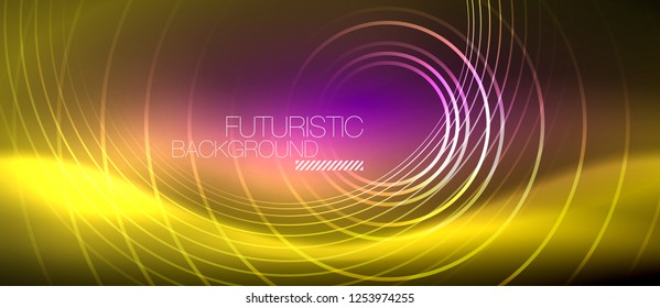 Neon glowing techno lines, hi-tech futuristic abstract background template with square shapes, vector