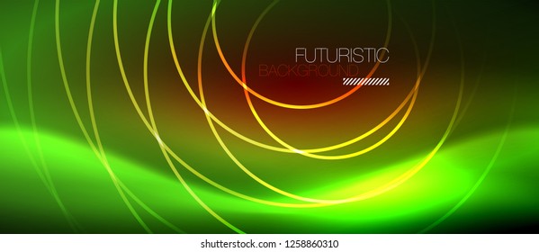 Líneas tecno brillantes neón, plantilla de fondo abstracto de alta tecnología futurista con formas cuadradas, vector