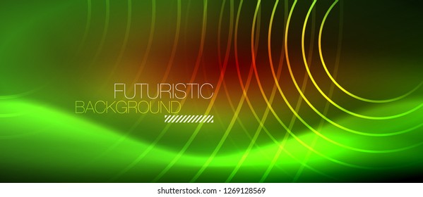 Líneas tecno brillantes neón, plantilla de fondo abstracto de alta tecnología futurista con formas cuadradas, vector