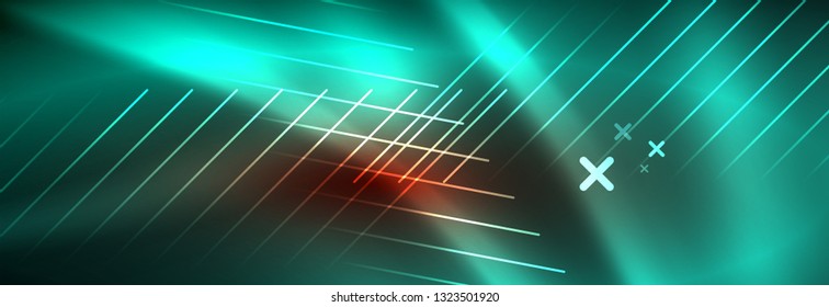 Neon glowing techno lines, hi-tech futuristic abstract background template with lines. Vector illustration