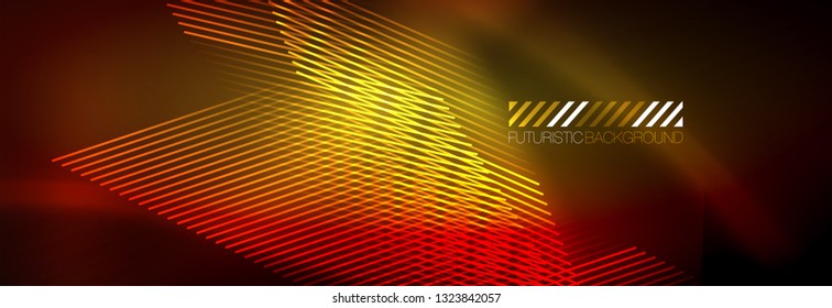 Neon glowing techno lines, hi-tech futuristic abstract background template with lines. Vector illustration