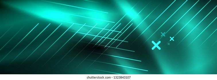 Neon glowing techno lines, hi-tech futuristic abstract background template with lines. Vector illustration