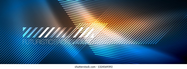 Líneas tecno brillantes neón, plantilla de fondo abstracto de alta tecnología futurista con líneas. Ilustración del vector