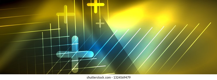 Neon glowing techno lines, hi-tech futuristic abstract background template with lines. Vector illustration