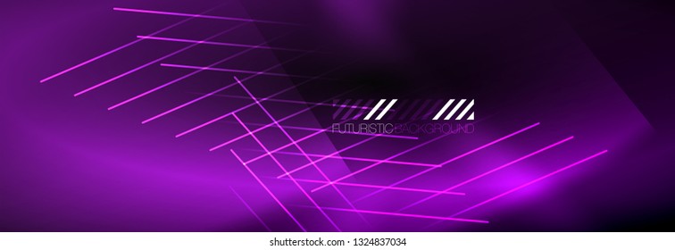 Líneas tecno brillantes neón, plantilla de fondo abstracto de alta tecnología futurista con líneas. Ilustración del vector