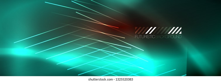Líneas tecno brillantes neón, plantilla de fondo abstracto de alta tecnología futurista con líneas. Ilustración del vector