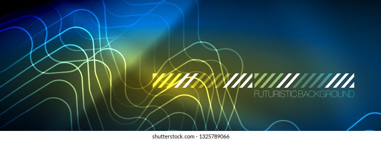 Neon glowing techno lines, hi-tech futuristic abstract background template with square shapes