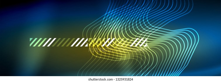 Neon glowing techno lines, hi-tech futuristic abstract background template with square shapes