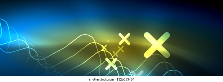 Neon glowing techno lines, hi-tech futuristic abstract background template with square shapes