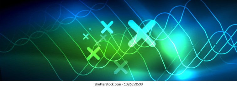 Líneas tecno brillantes de neón, plantilla de fondo abstracto de alta tecnología futurista con formas cuadradas