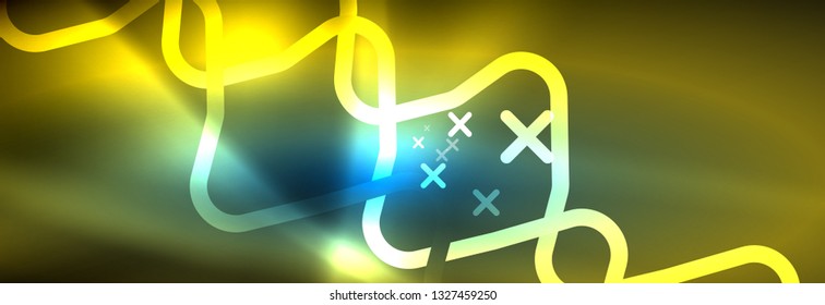 Neon glowing techno lines, hi-tech futuristic abstract background template with square shapes