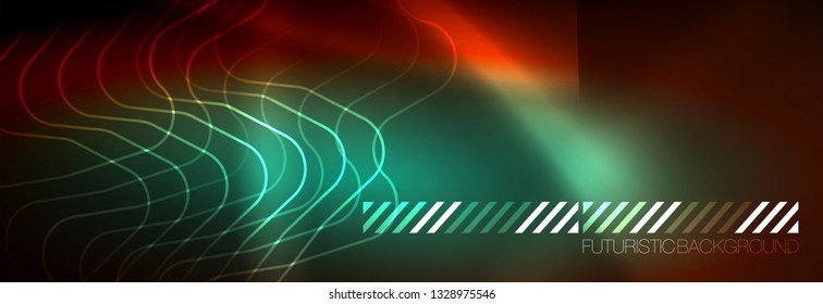 Neon glowing techno lines, hi-tech futuristic abstract background template with square shapes