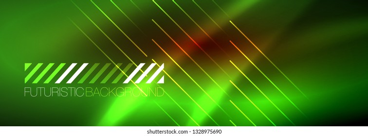 Neon linhas de tecno brilhantes, modelo de fundo abstrato futurista de alta tecnologia com linhas. Ilustração vetorial