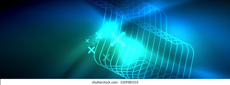 Neon glowing techno lines, hi-tech futuristic abstract background template with square shapes