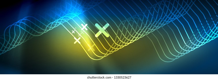 Líneas tecno brillantes de neón, plantilla de fondo abstracto de alta tecnología futurista con formas cuadradas