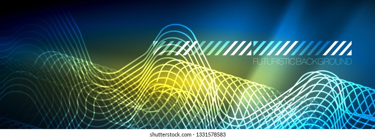 Líneas tecno brillantes de neón, plantilla de fondo abstracto de alta tecnología futurista con formas cuadradas