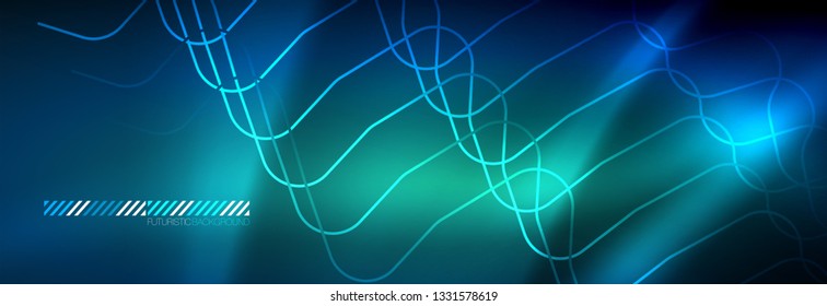 Líneas tecno brillantes de neón, plantilla de fondo abstracto de alta tecnología futurista con formas cuadradas