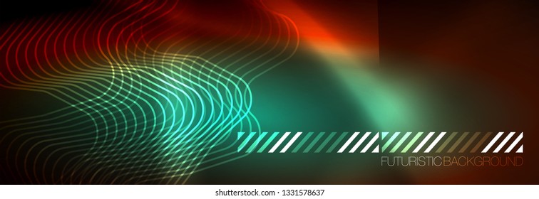 Neon glowing techno lines, hi-tech futuristic abstract background template with square shapes
